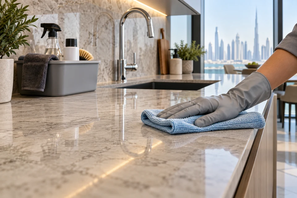 Gloved hand cleaning a stone kitchen countertop