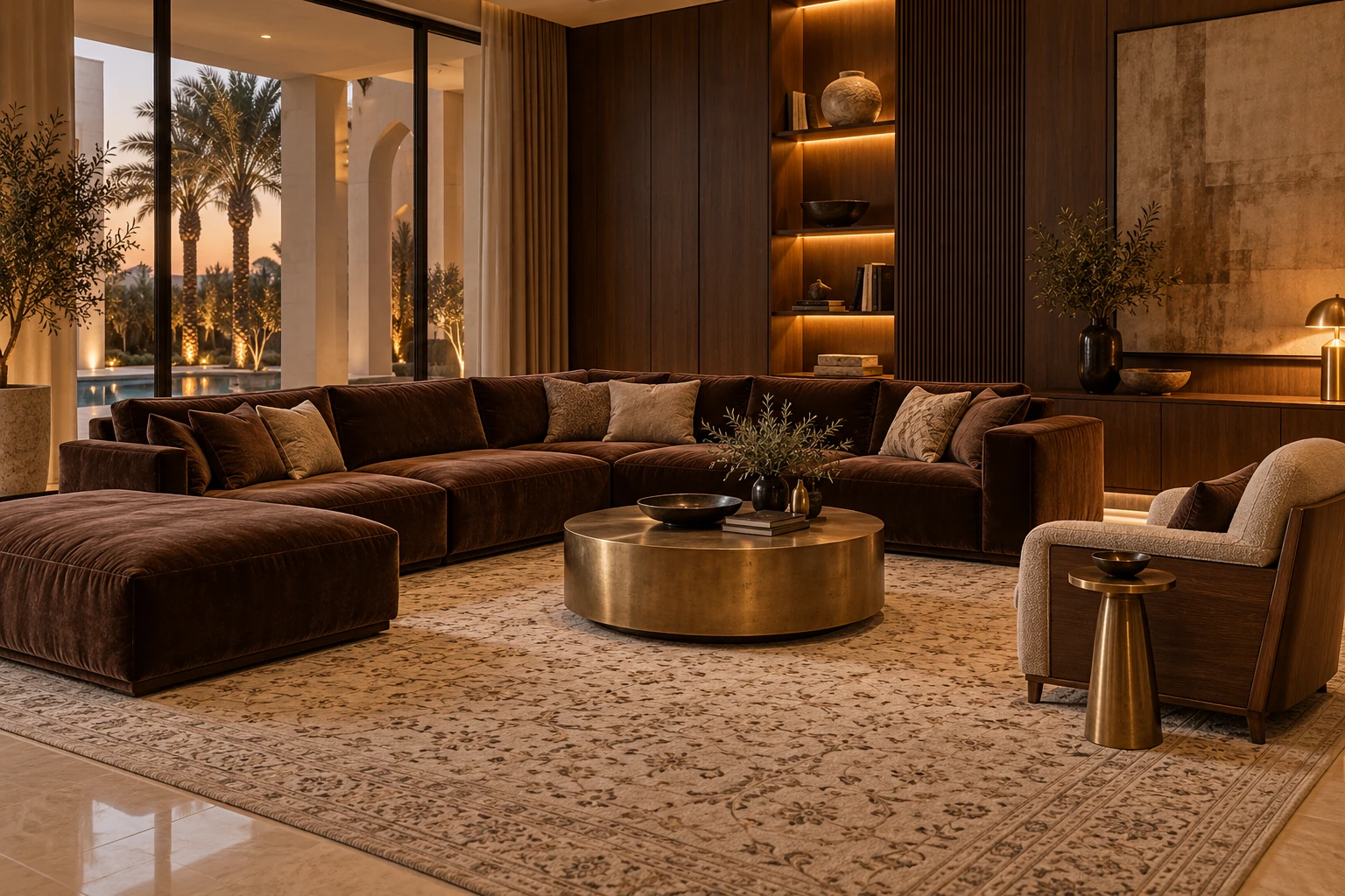 Walnut living room with brown sofa — generated inspiration