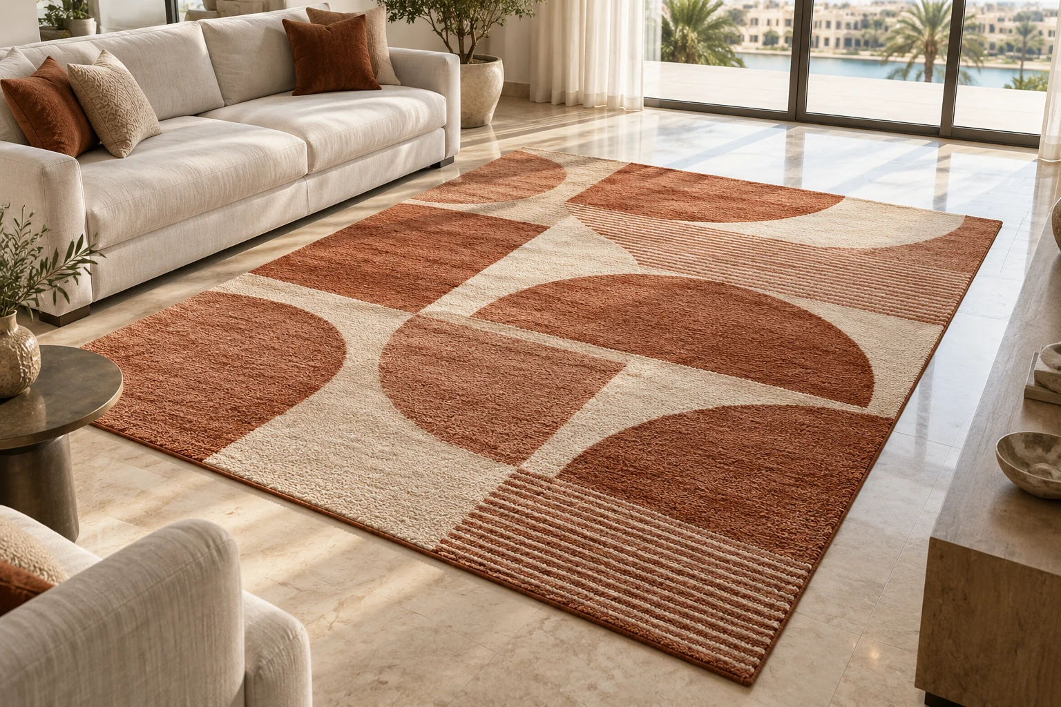 A high-end contemporary terracotta and cream geometric wool carpet — generated inspiration