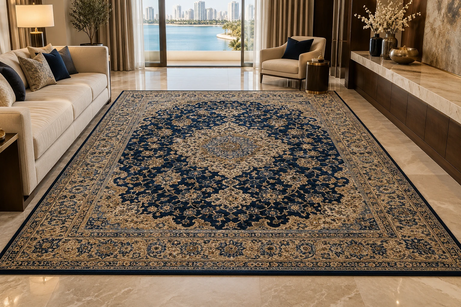 A magnificent midnight blue and muted gold Persian inspired area carpet — generated inspiration