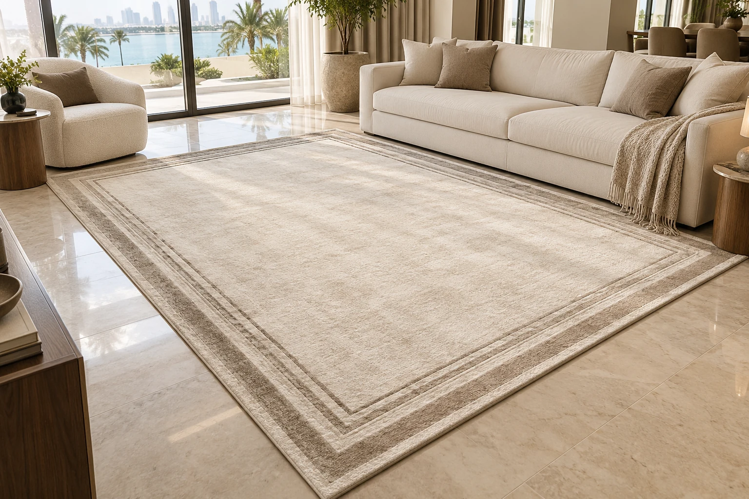 A luxurious ivory and taupe carpet with a refined linear border — generated inspiration
