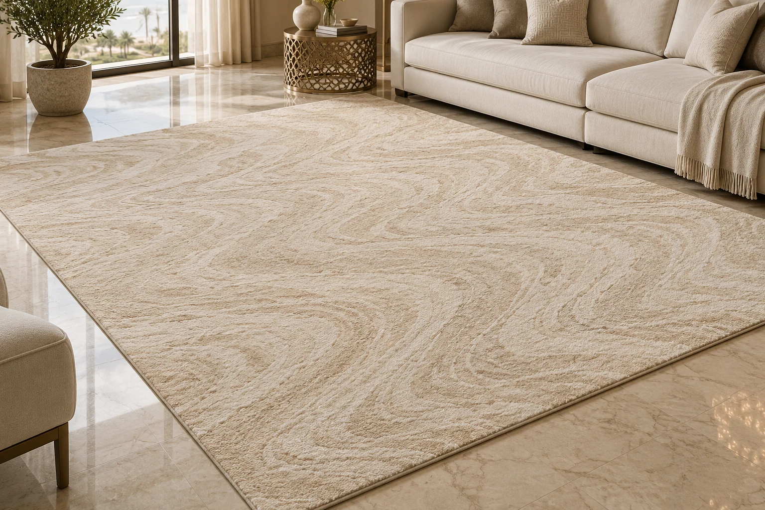 Luxury large sand and ivory hand-knotted style rug with elegant subtle flowing tonal pattern — generated inspiration