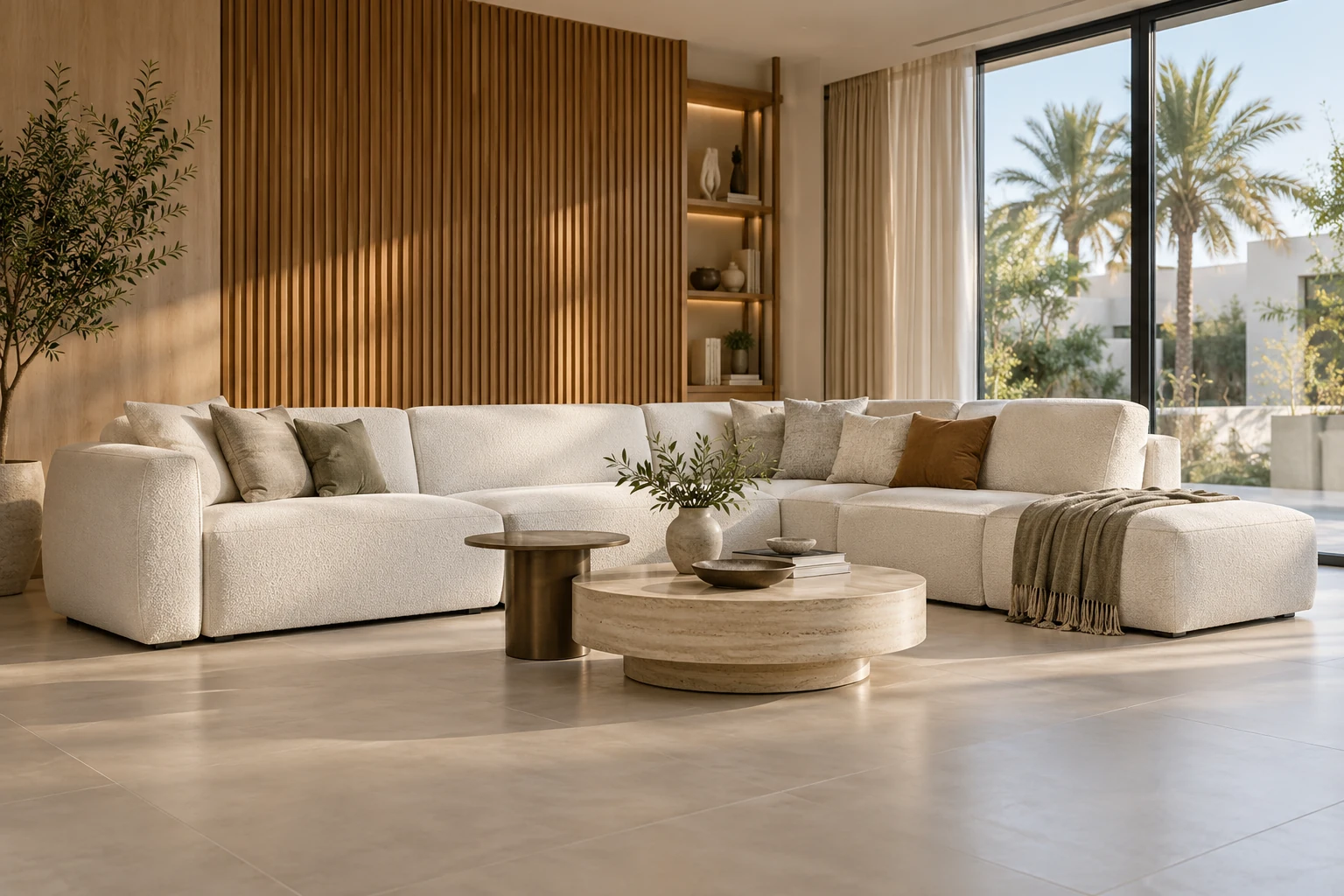 An elegant off-white boucle modular corner sofa in contemporary UAE villa — generated inspiration