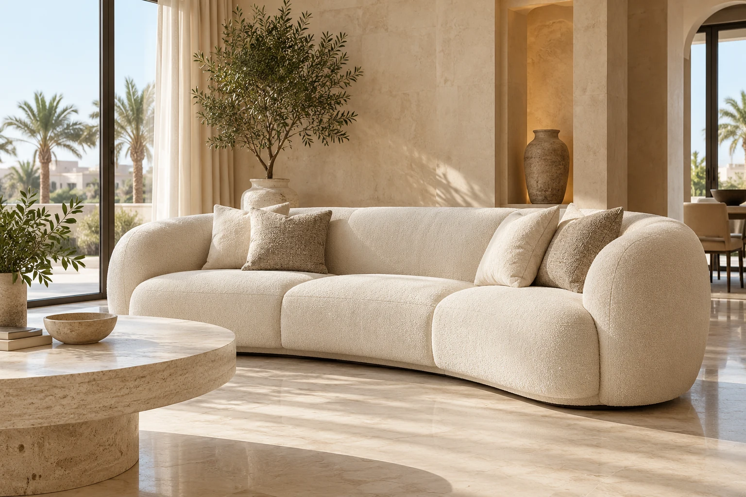 A sculptural pearl ivory curved three seat sofa with generous rounded arms — generated inspiration