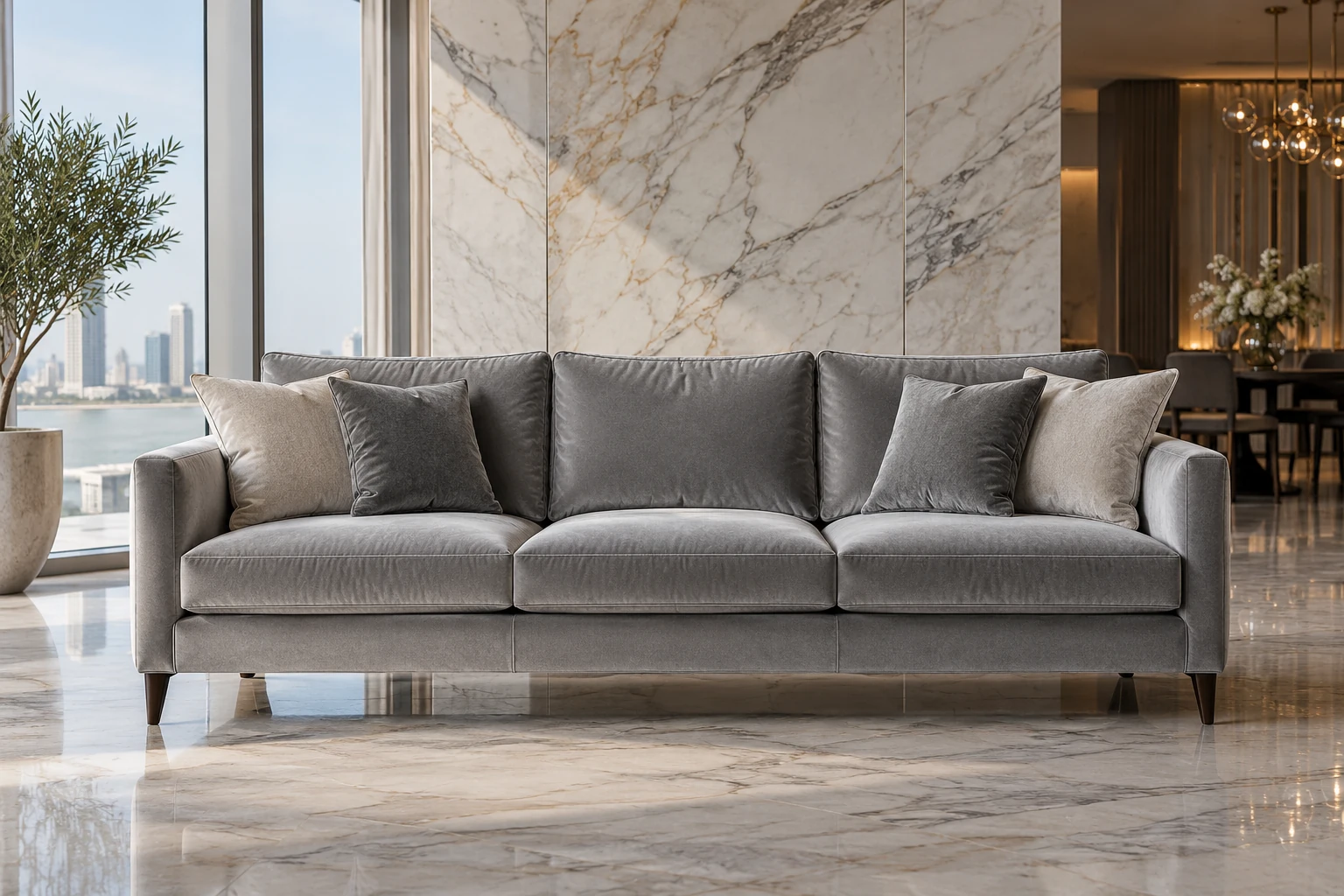 A contemporary silver grey velvet three seat sofa with slim dark wood legs and beautifully tailored back cushions — generated inspiration