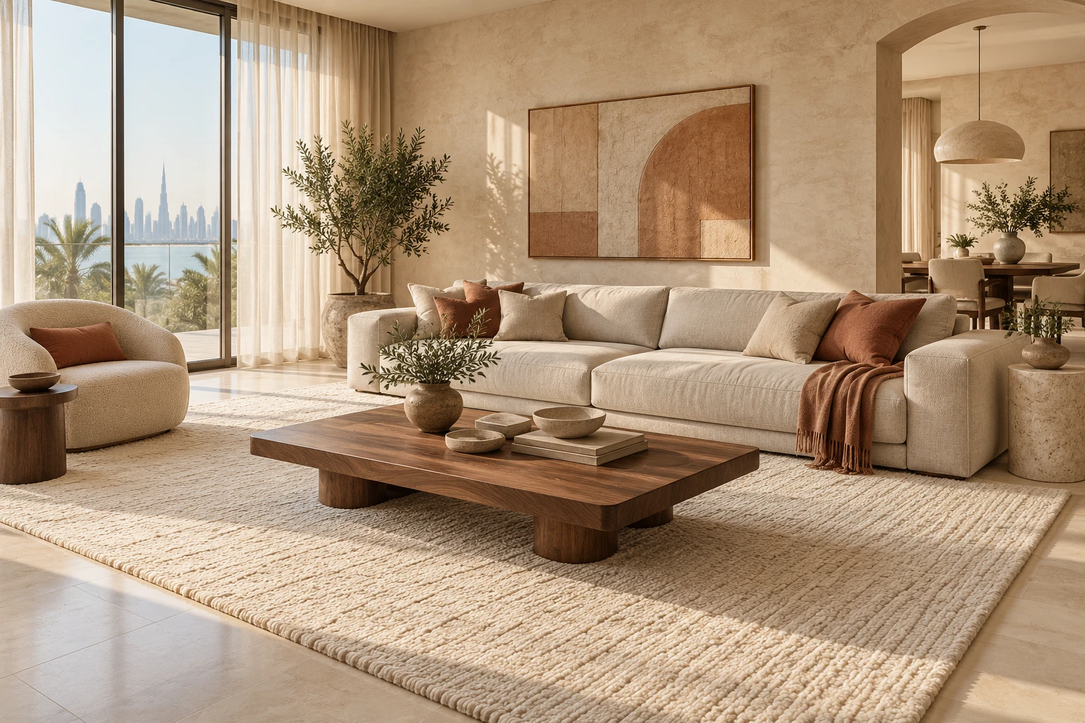 Warm living room with linen sofa and textured carpet — generated inspiration