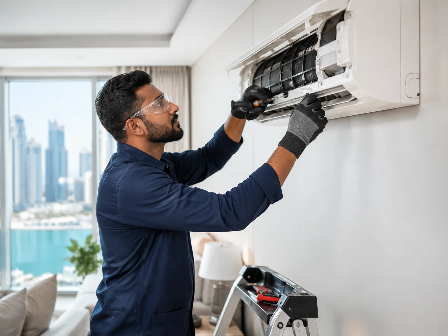 Technician repairing ceiling AC