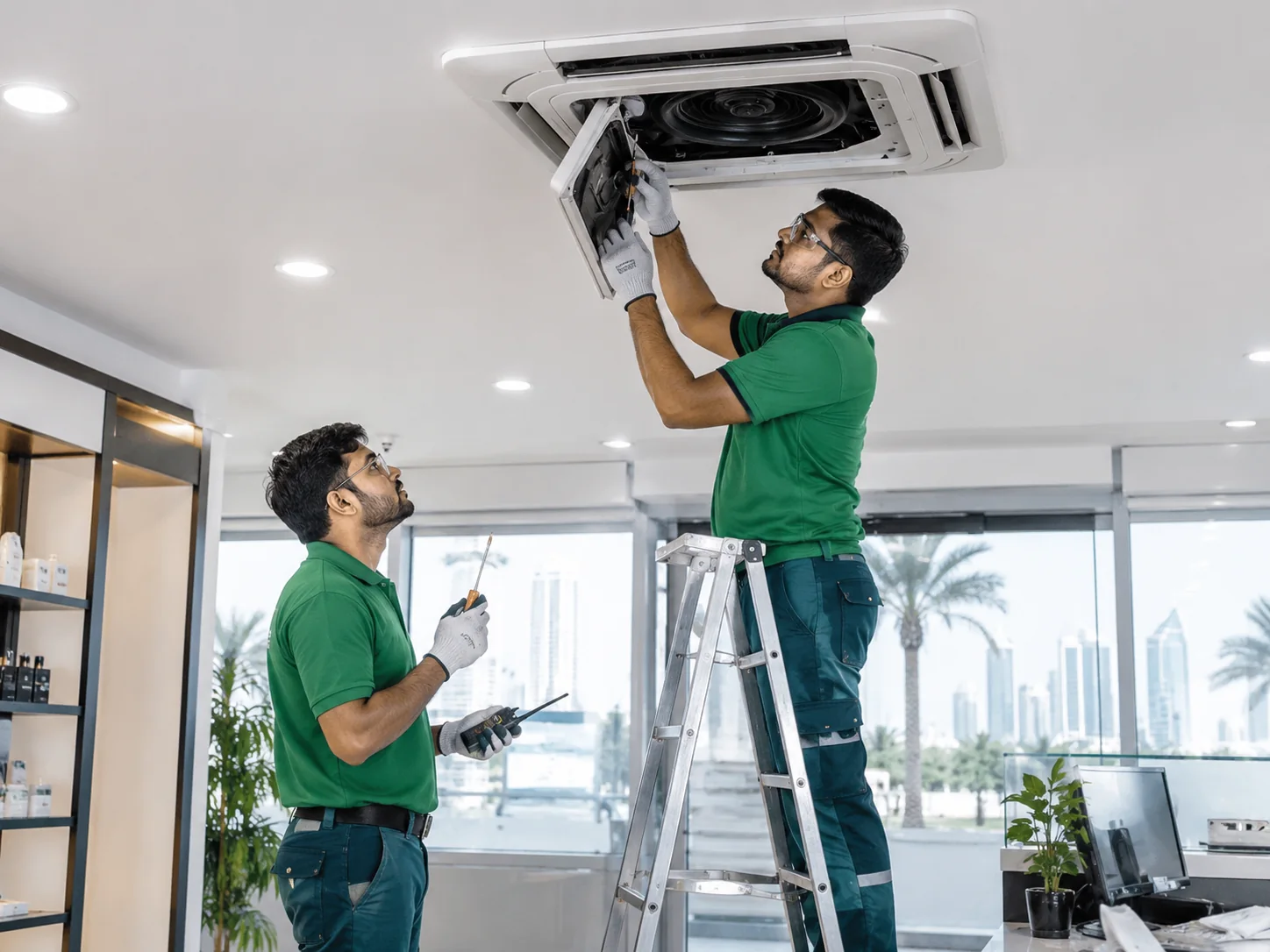 Technicians working on ceiling AC