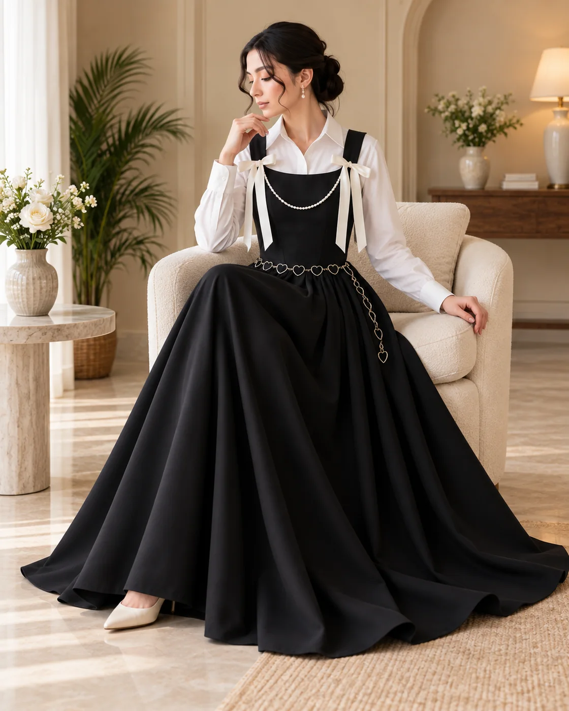 Seated black outfit styling