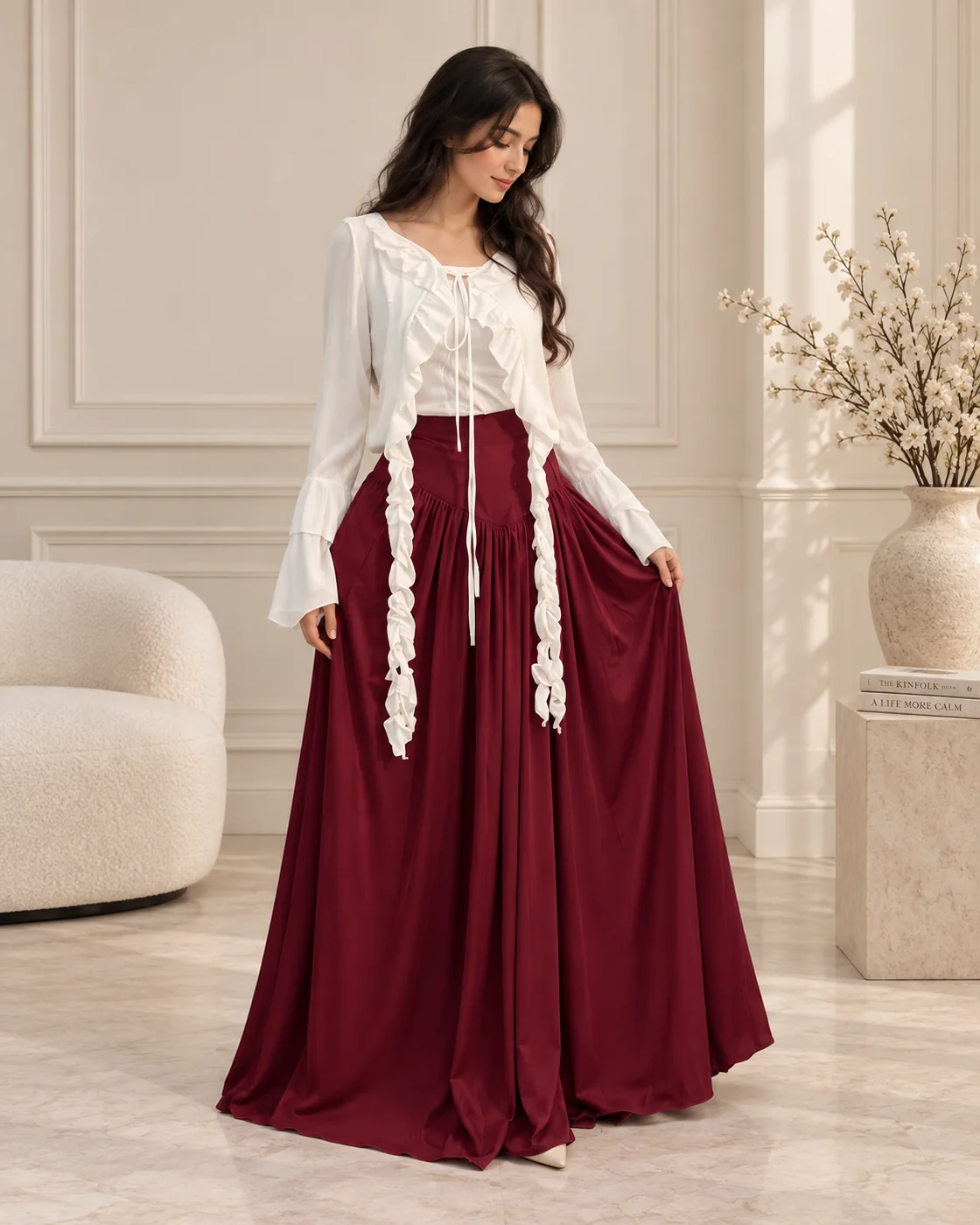 White ruffle shirt and maroon skirt