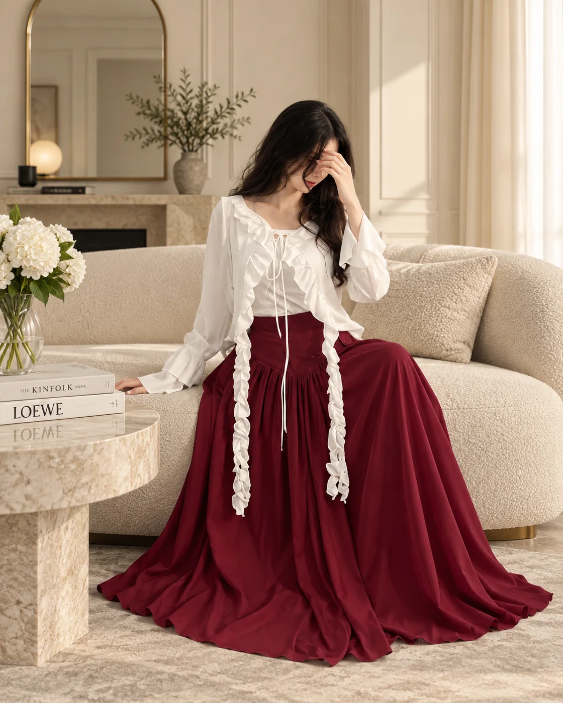 Seated maroon skirt styling