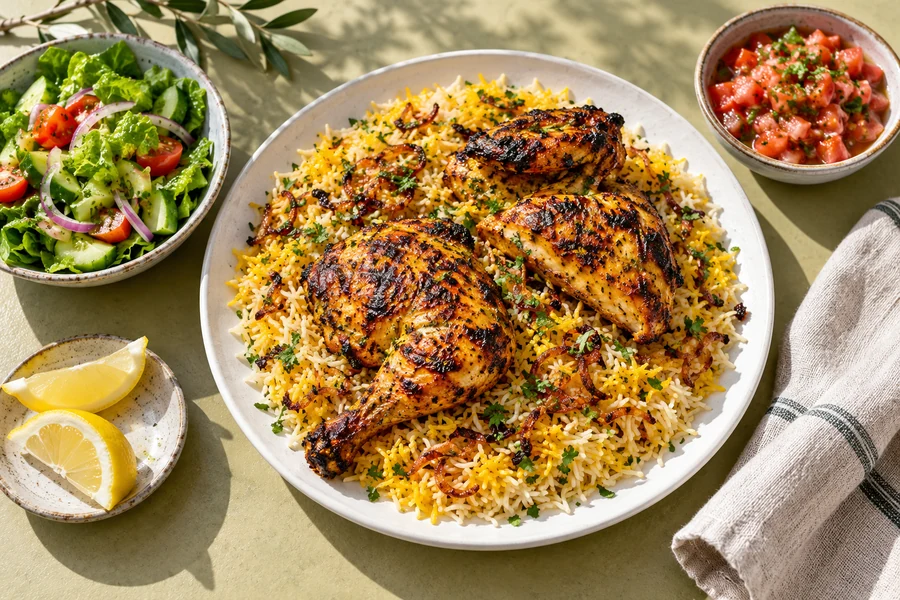 Charcoal chicken and rice with fresh sides