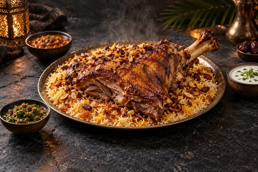 Lamb mandi platter on a dark stone table