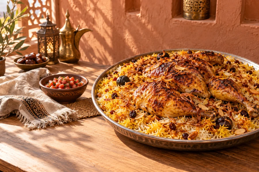 Chicken mandi platter on a warm dining table