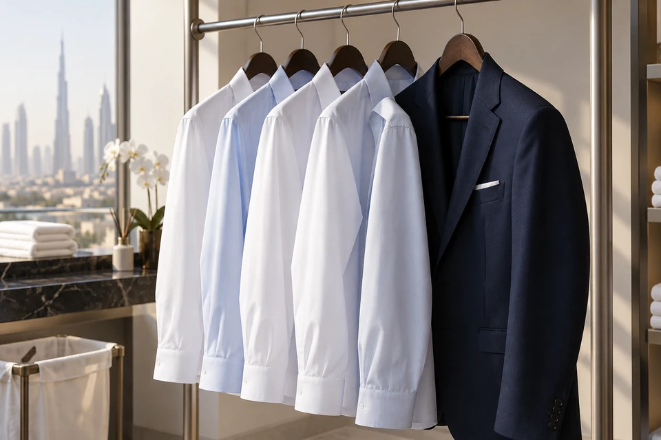 Pressed shirts and a tailored suit in a tidy laundry setting