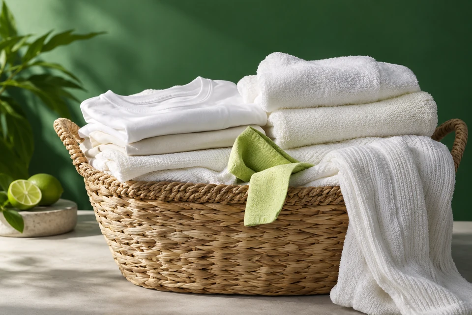 Basket of fresh folded laundry against a deep green background