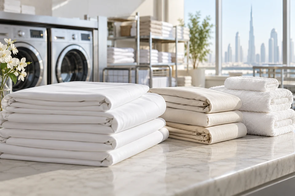 Freshly arranged bedding and household laundry