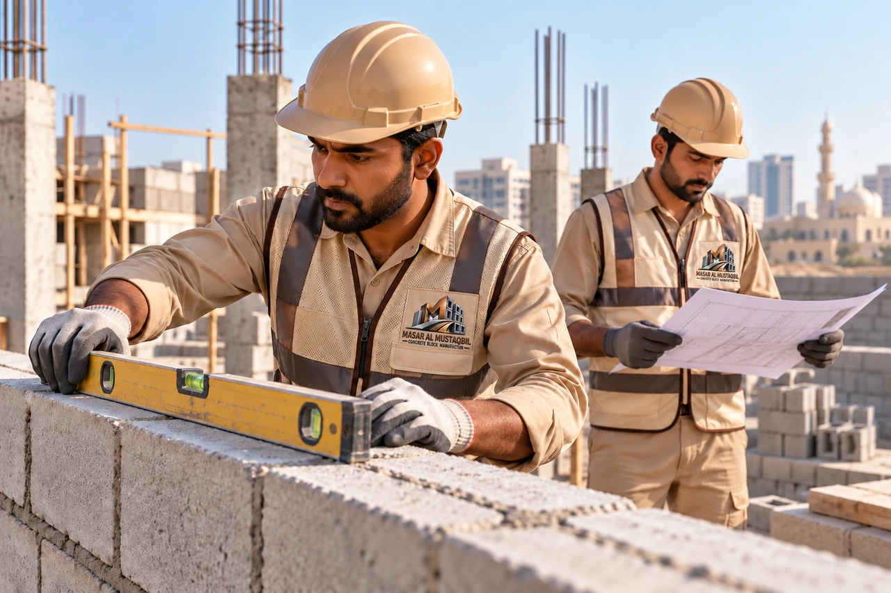 Illustrative construction scene with the Masar al mustaqbil logo embroidered on workwear