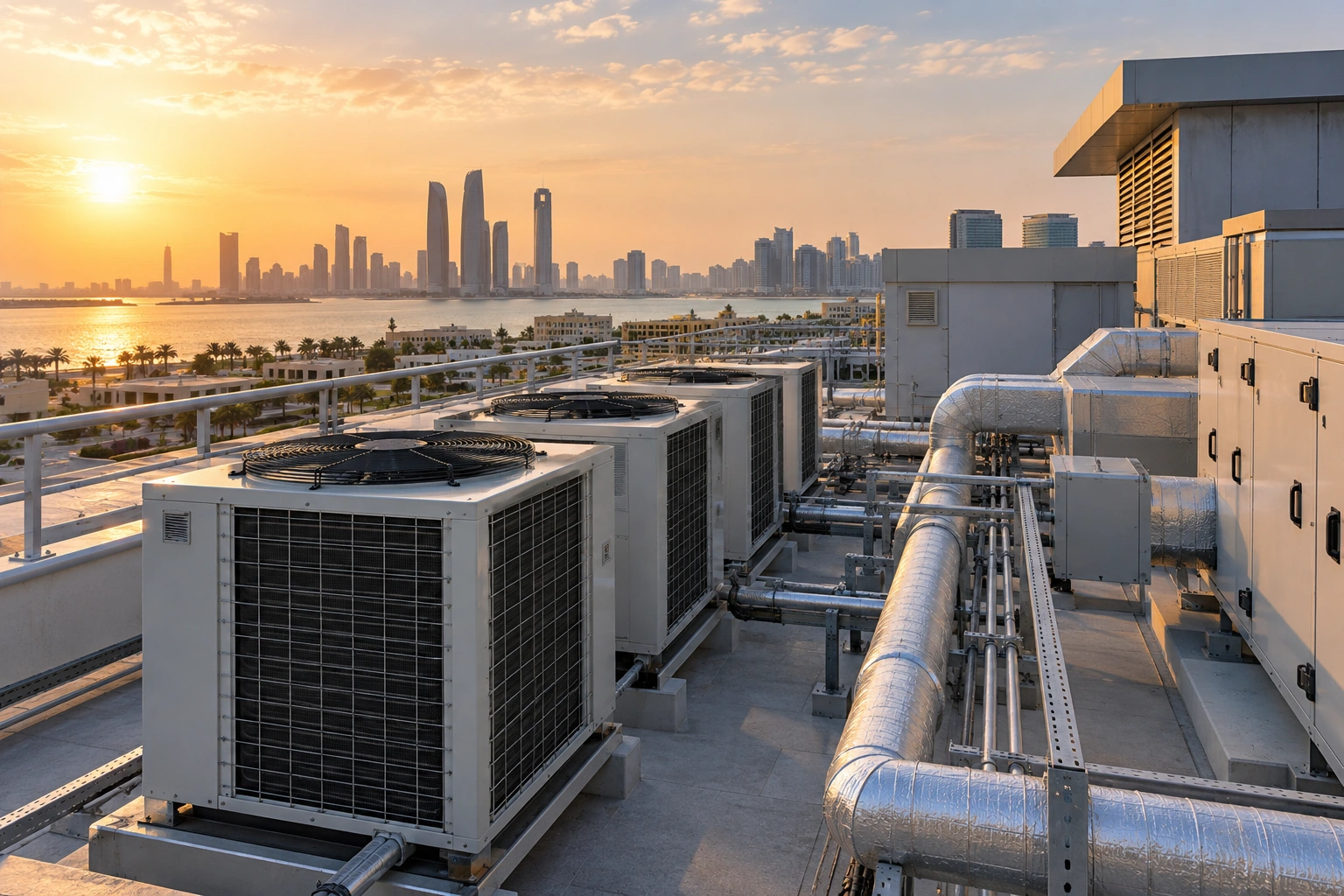 Rooftop building mechanical systems at sunset