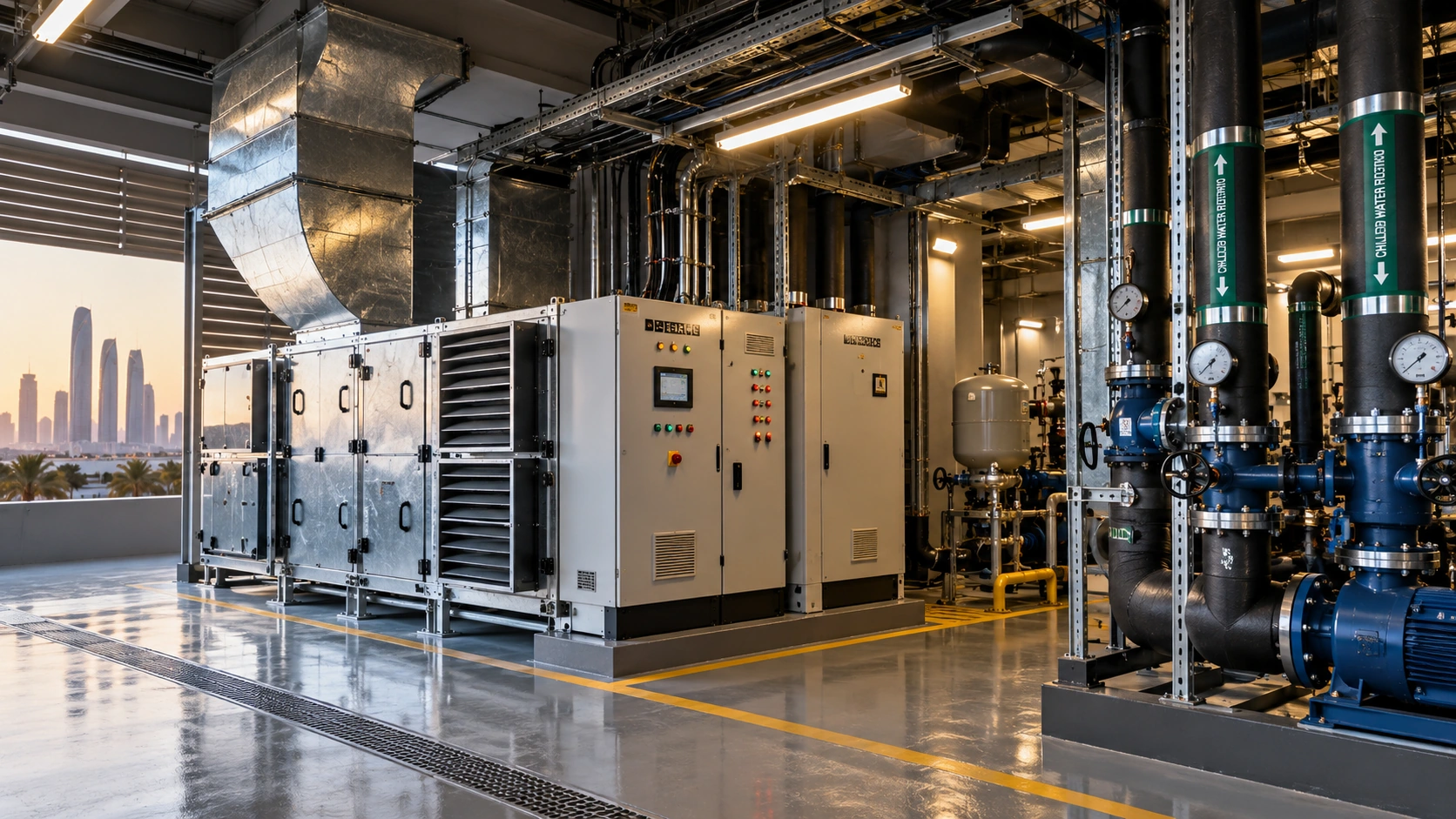 Mechanical systems inside a commercial building plant room