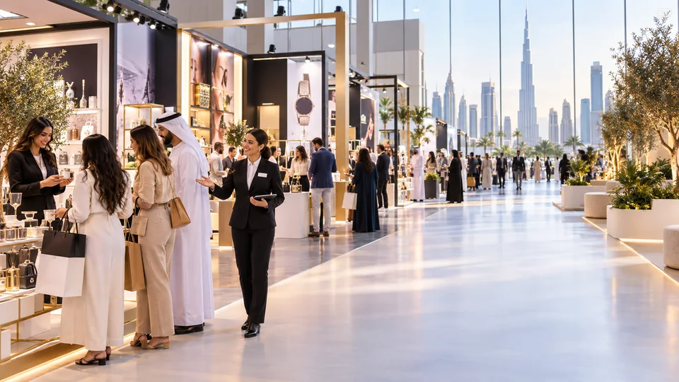 Modern exhibition in Dubai with visitors browsing exhibitor booths