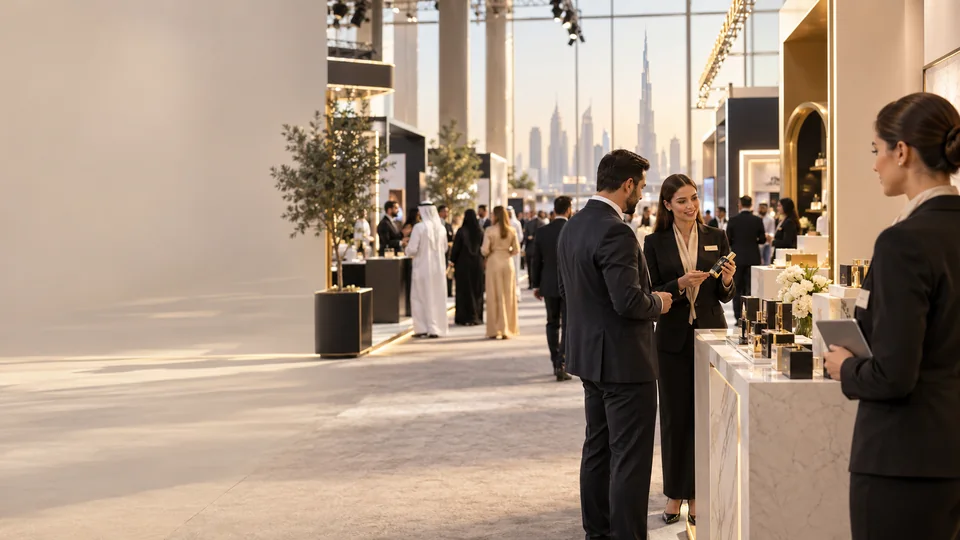 Modern Dubai exhibition with premium product displays