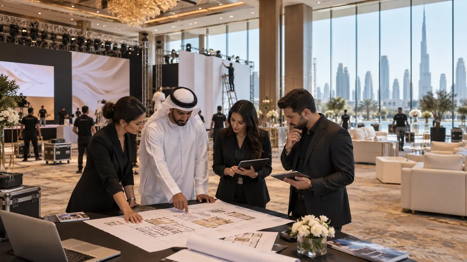 Event planning team reviewing venue arrangements in Dubai