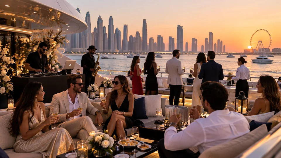 Luxury yacht party event in Dubai at sunset