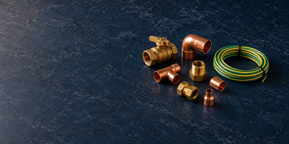 Plumbing fittings and insulated wire arranged on a workbench