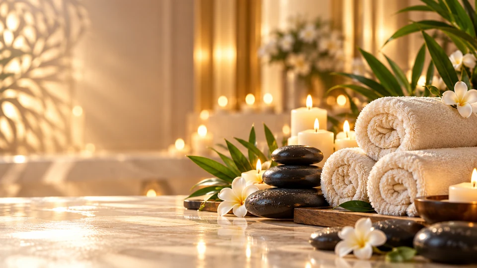 Spa towels, hot stones, candles and flowers