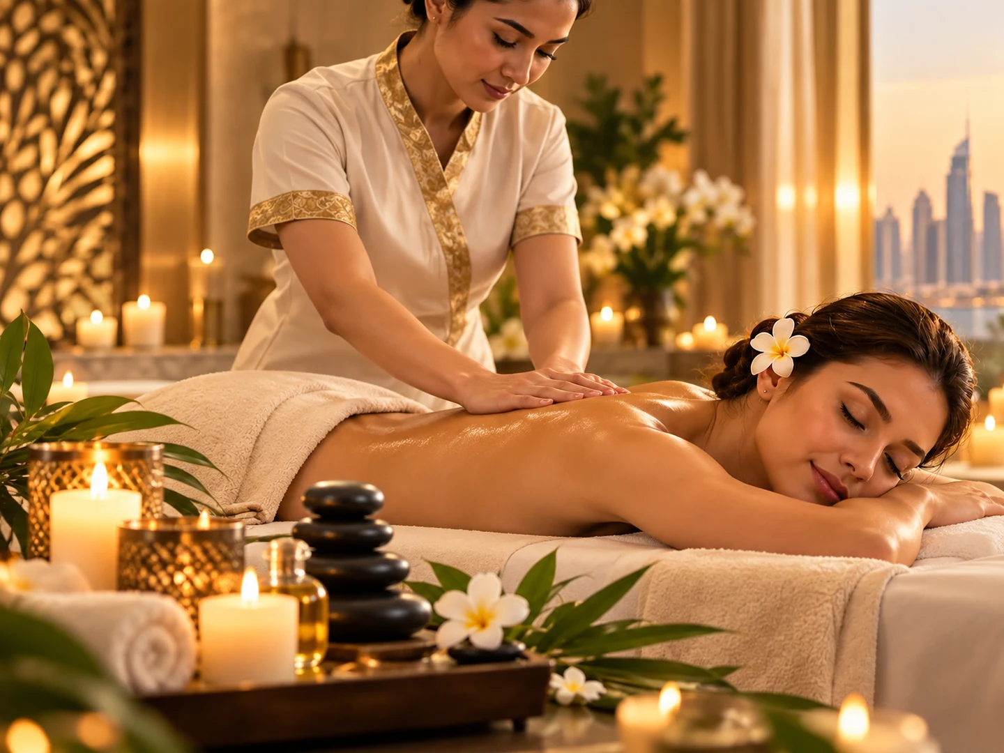 Massage therapist providing a relaxing massage in a warm Dubai spa setting