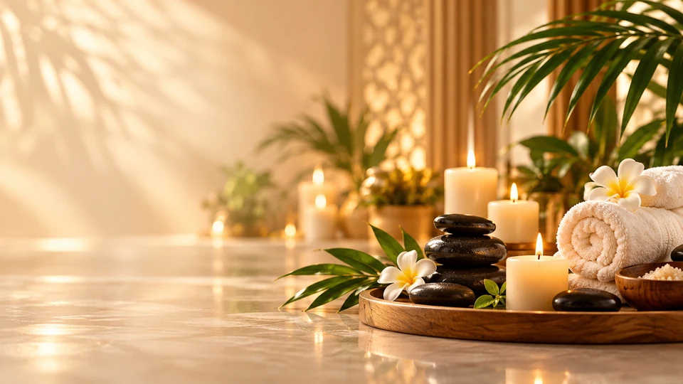 Spa stones, candles, flowers and towels