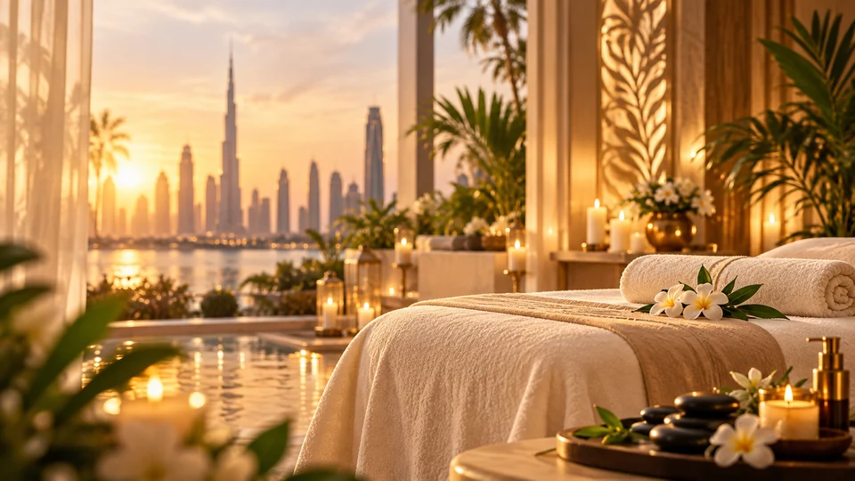 Dubai spa room with towels, candles and stones