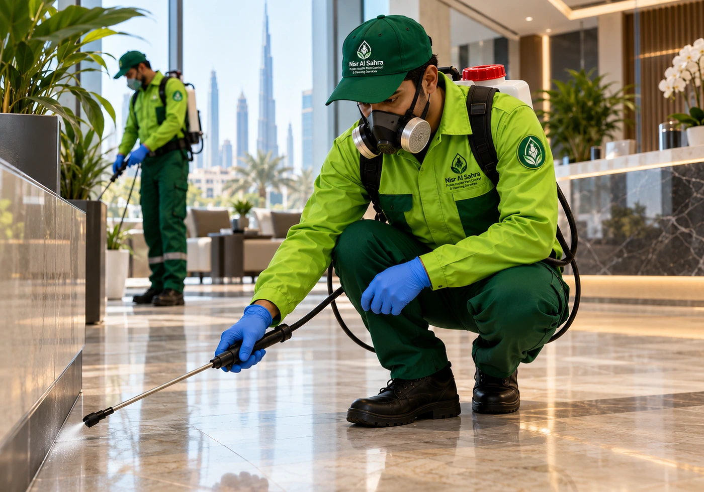 Professional pest control solutions banner with Nisr Al Sahra green uniform theme