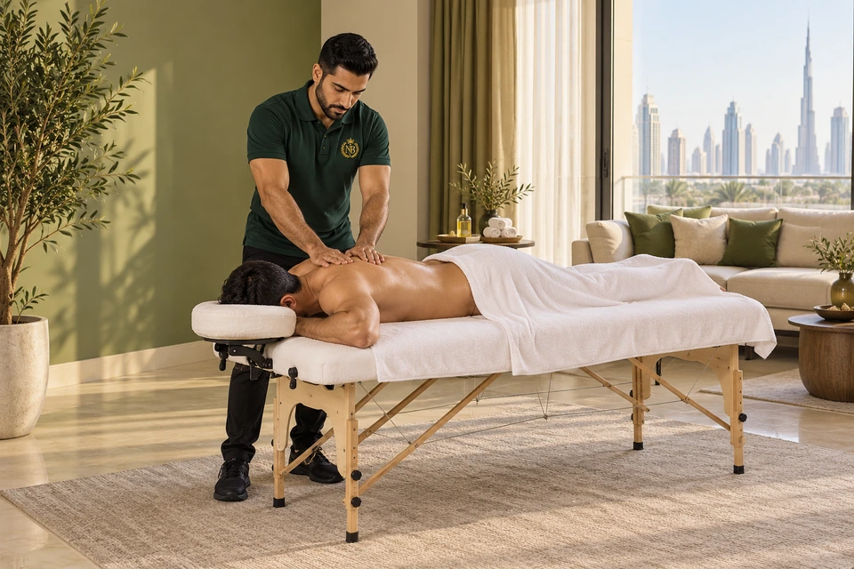 Male therapist giving a body massage at home, with the full massage bed visible