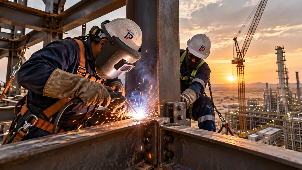 Welder working safely on an elevated steel structure