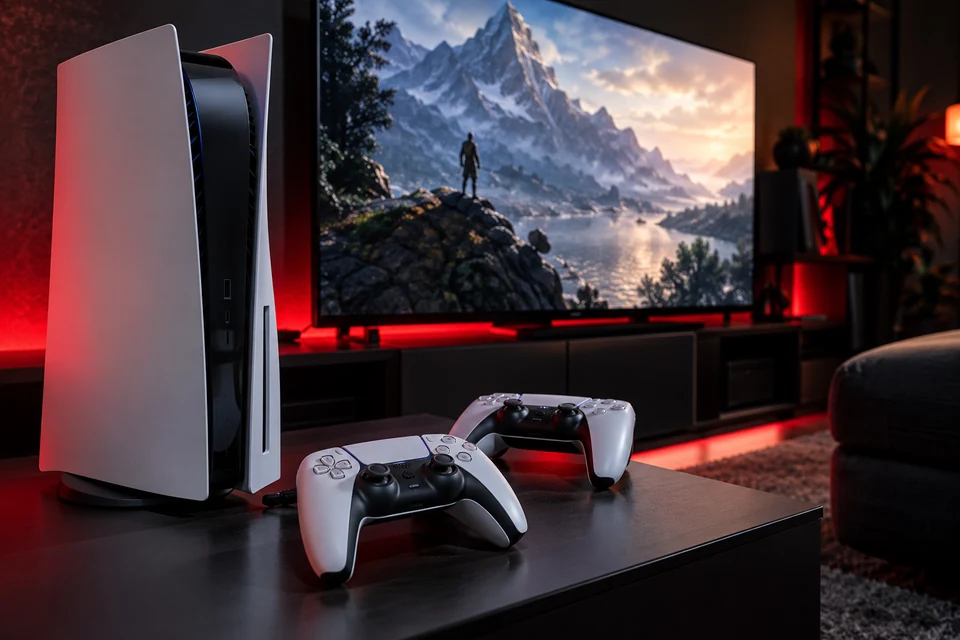 Representative PlayStation-style console and controllers in a gaming setting