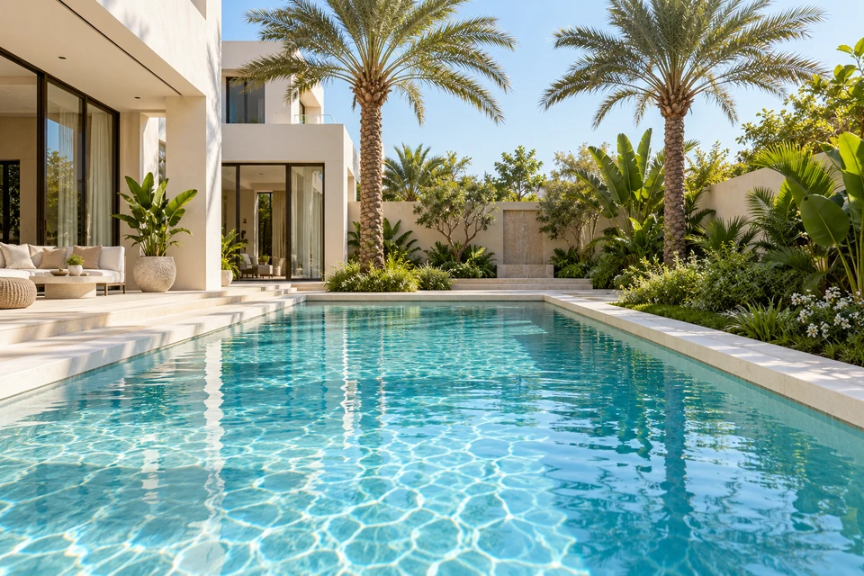 Illustrative contemporary Dubai-style villa pool