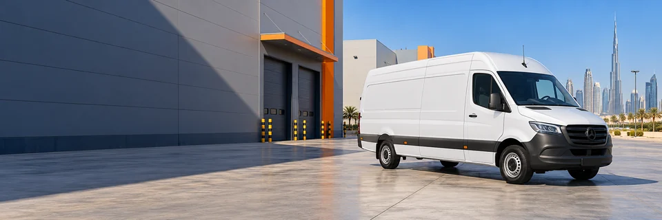 Delivery van in a sunlit Dubai logistics courtyard