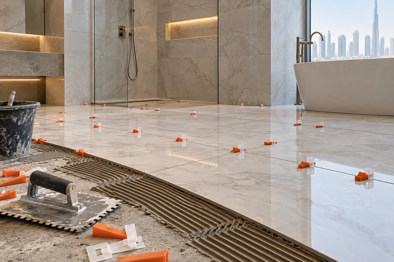Floor and wall tiling site with materials and tools