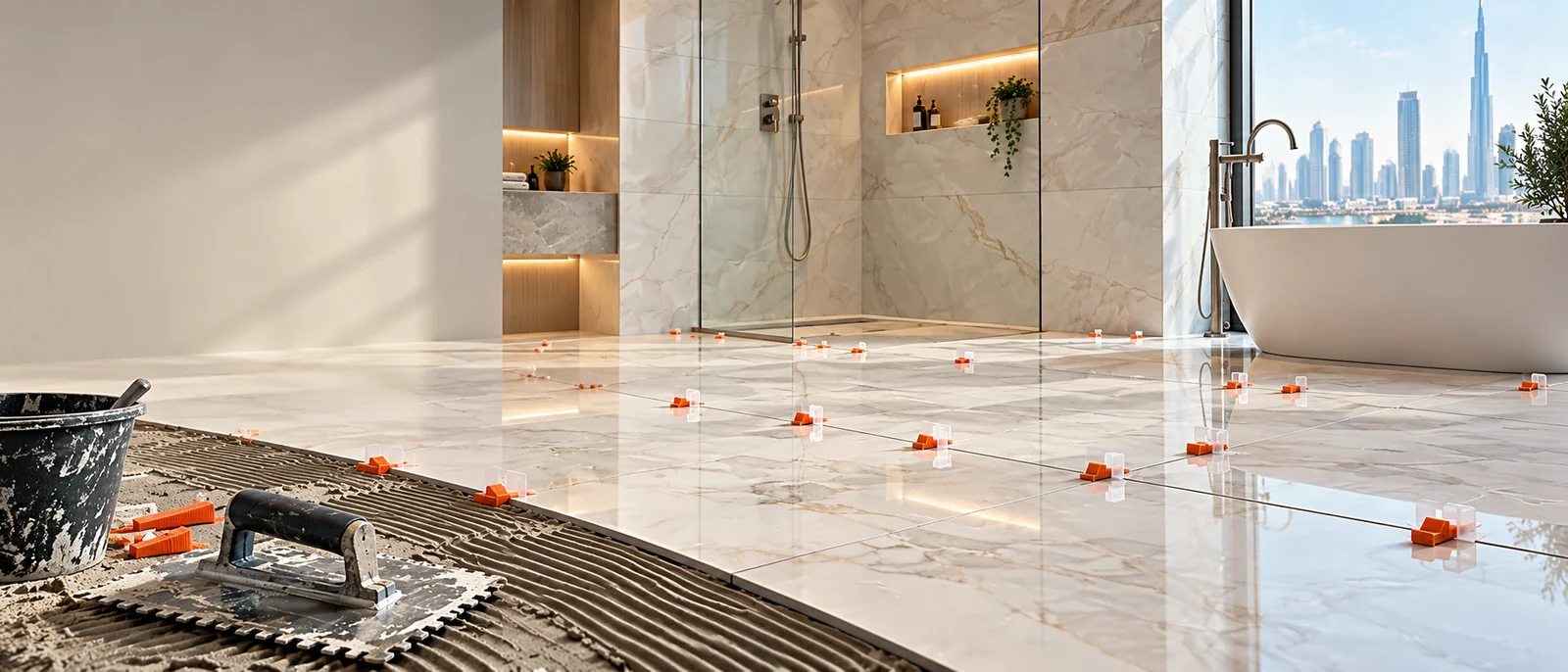 Bathroom floor tiling work with installation tools and leveling clips