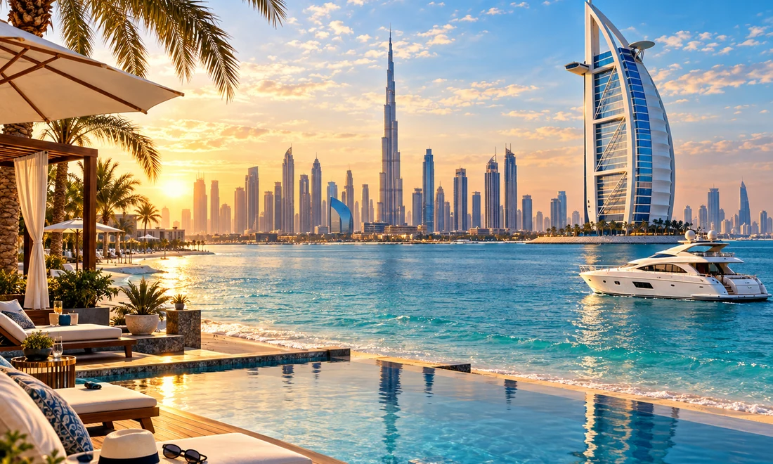 Dubai skyline and marina at sunset
