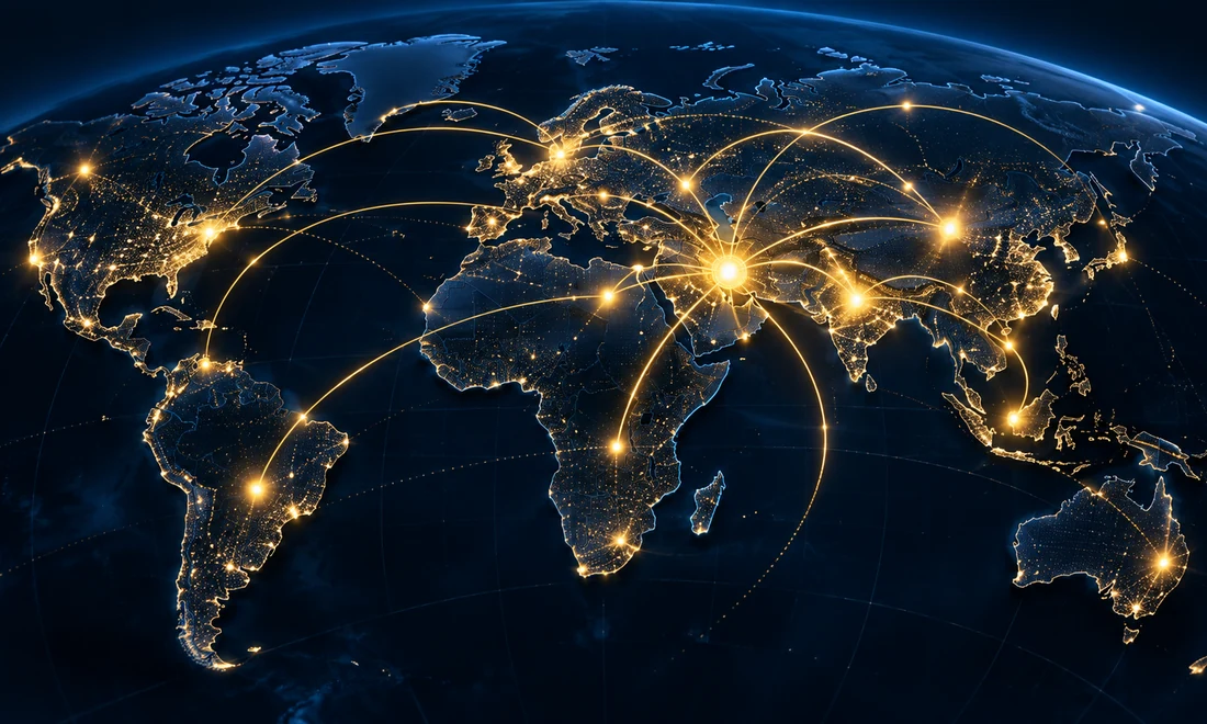 Global network map with illuminated international trade connections