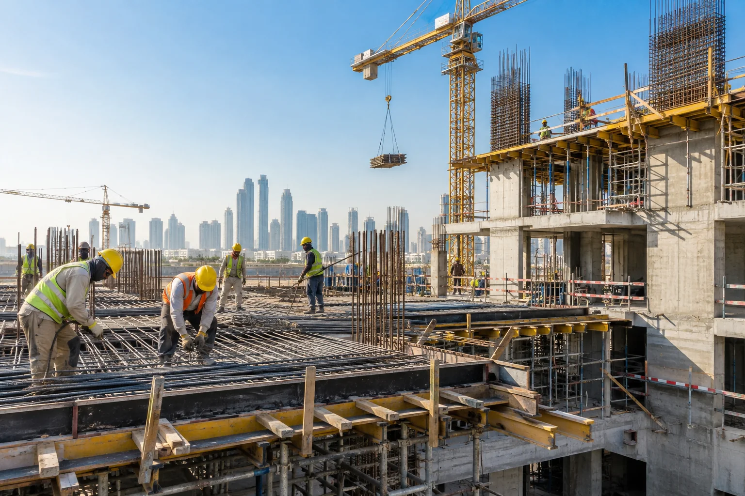 RCC construction site with workers and reinforcement