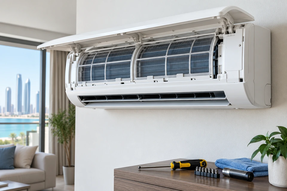 Split air conditioner with service cover open and maintenance tools