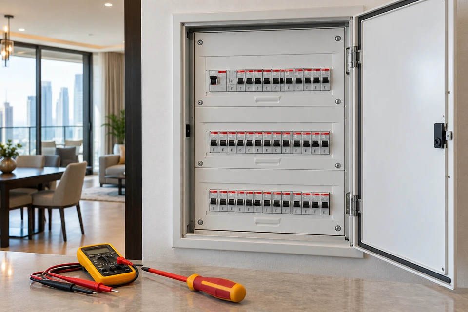 Covered electrical circuit breakers with insulated tools nearby