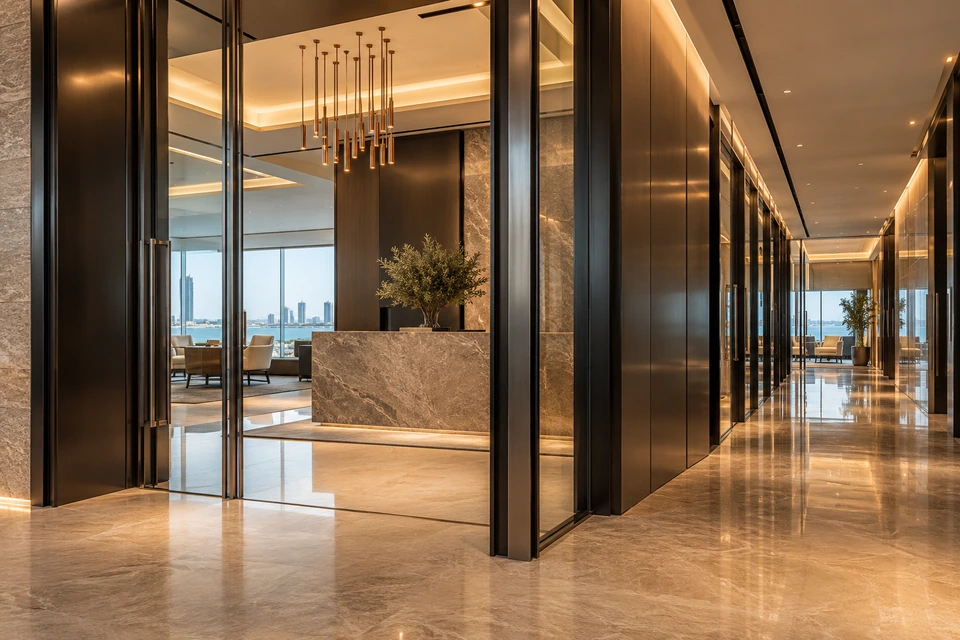 Contemporary Gulf office entrance with warm stone and dark metal