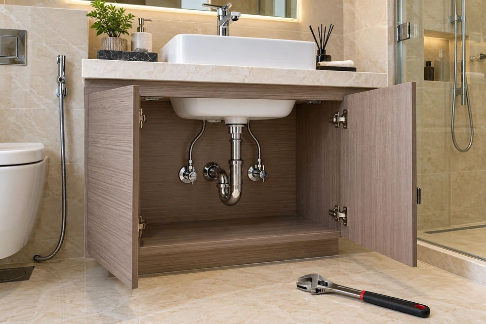 Modern bathroom vanity with visible correctly connected plumbing