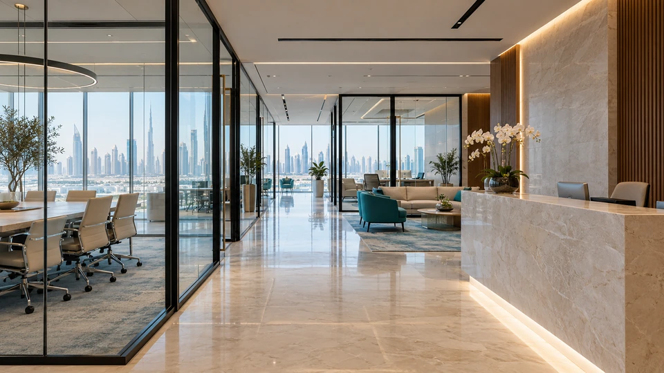 Glass, aluminium and building finishes in a Dubai architectural setting