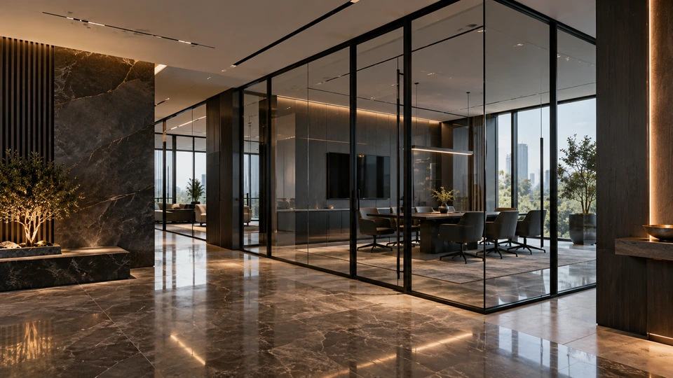 Glass partitions and black aluminium framing in a Dubai commercial interior